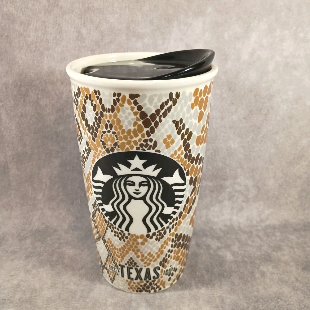 Starbucks Texas Ceramic Tumbler Travel Mug 2015 Snake Skin Pattern With Lid